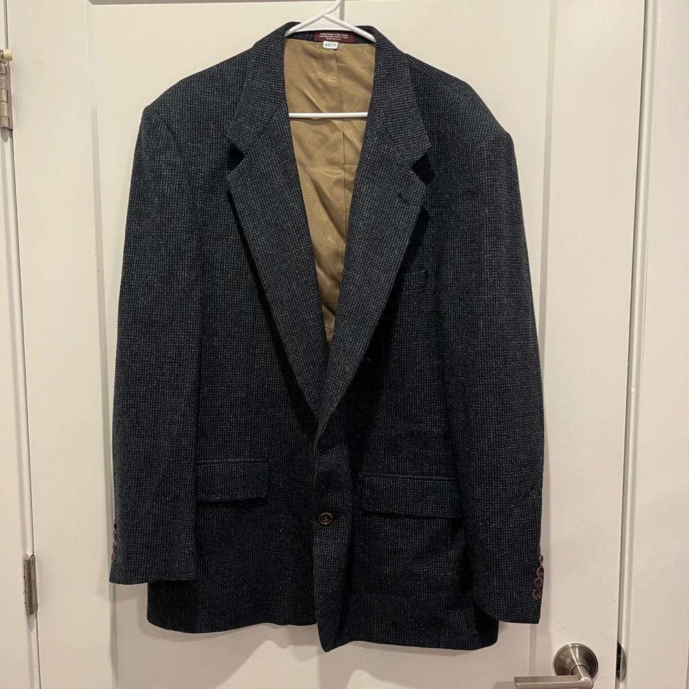 Evan-Picone Mens Blue Black Pure Wool Two Button Blazer Sport Coat Made in USA